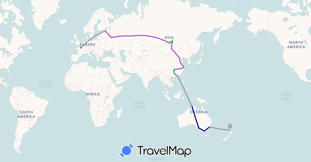 TravelMap itinerary: driving, bus, plane, train in Australia, China, France, Mongolia, New Zealand, Russia (Asia, Europe, Oceania)